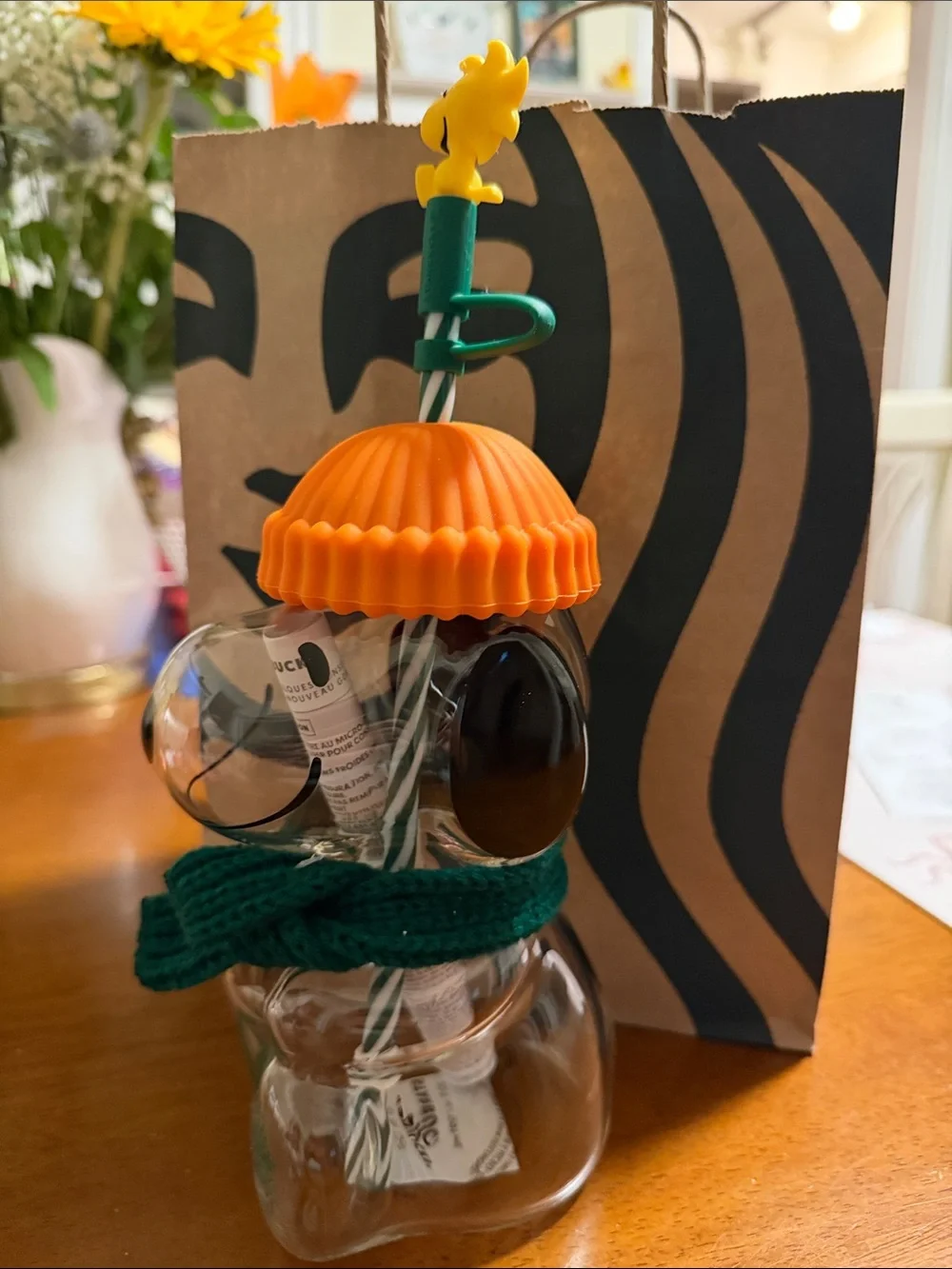 Starbucks Glass Snowman Vase with Orange Hat and Green Scarf